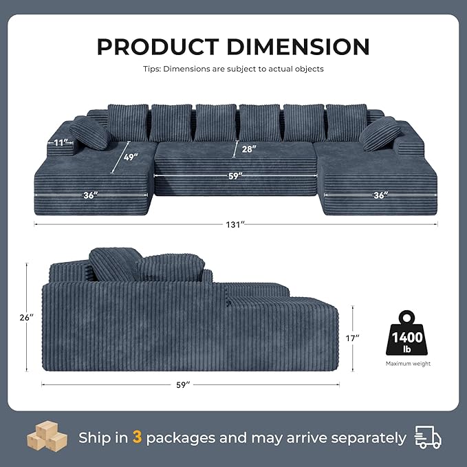 131'' Modular Sectional Cloud Sofa, U-Shaped Boneless Couches with Chaise Lounge Deep Seat with 8 pcs Pillows, Fluffy Memory Foam(No Assembly Required)