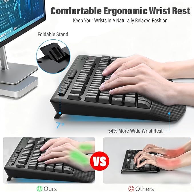 Wireless Keyboard and Mouse Combo,Silent Soft Touch Quiet Keyboard Less Noise 90%,Ergonomic with Wrist Rest,2.4GHz 104 Keys Full Size,2400 DPI Mouse,for PC Computer/Laptop/Mac Air/Mini/Pro