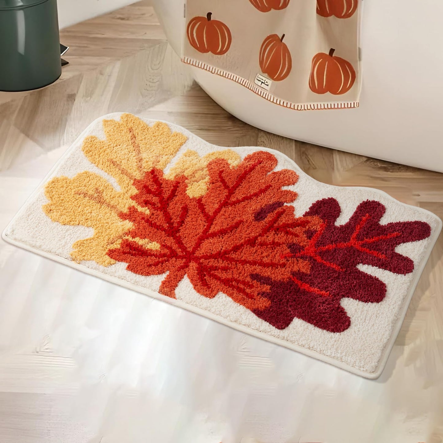 DyeFury Maple Leaf Rug, Cute Fall Decor for Autumn Farmhouse Bathroom Kitchen, Non-Slip Fun Pumpkin Bath Mat, Washable Microfiber Bath Rug, 20'' x 30'', Yellow/Orange/Rust