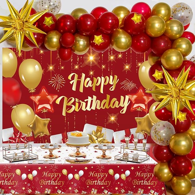 Red and Gold Birthday Decorations for Women Men Girls Boys, 72pcs Red and Gold Party Decorations Happy Birthday Backdrop B...