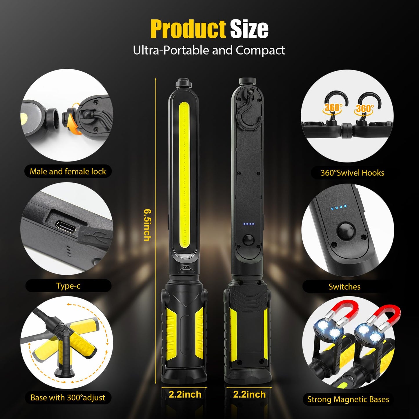 SYLSTAR Work Light for Mechanic, 2400LM LED, 4400mAh Rechargeable, Magnetic, Underhood Work Light with Hooks for Car Repairing, Job site, Garage, Workshop, Emergency(Yellow)