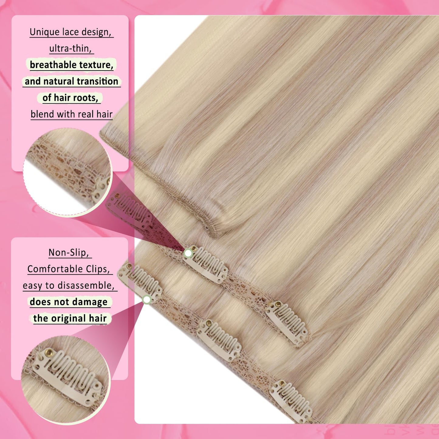 YoungSee 150G Clip in Extensions Real Human Hair Highlight Hair Extensions Clips insWarm Ash Blonde Highlights Bleach Blonde Hum