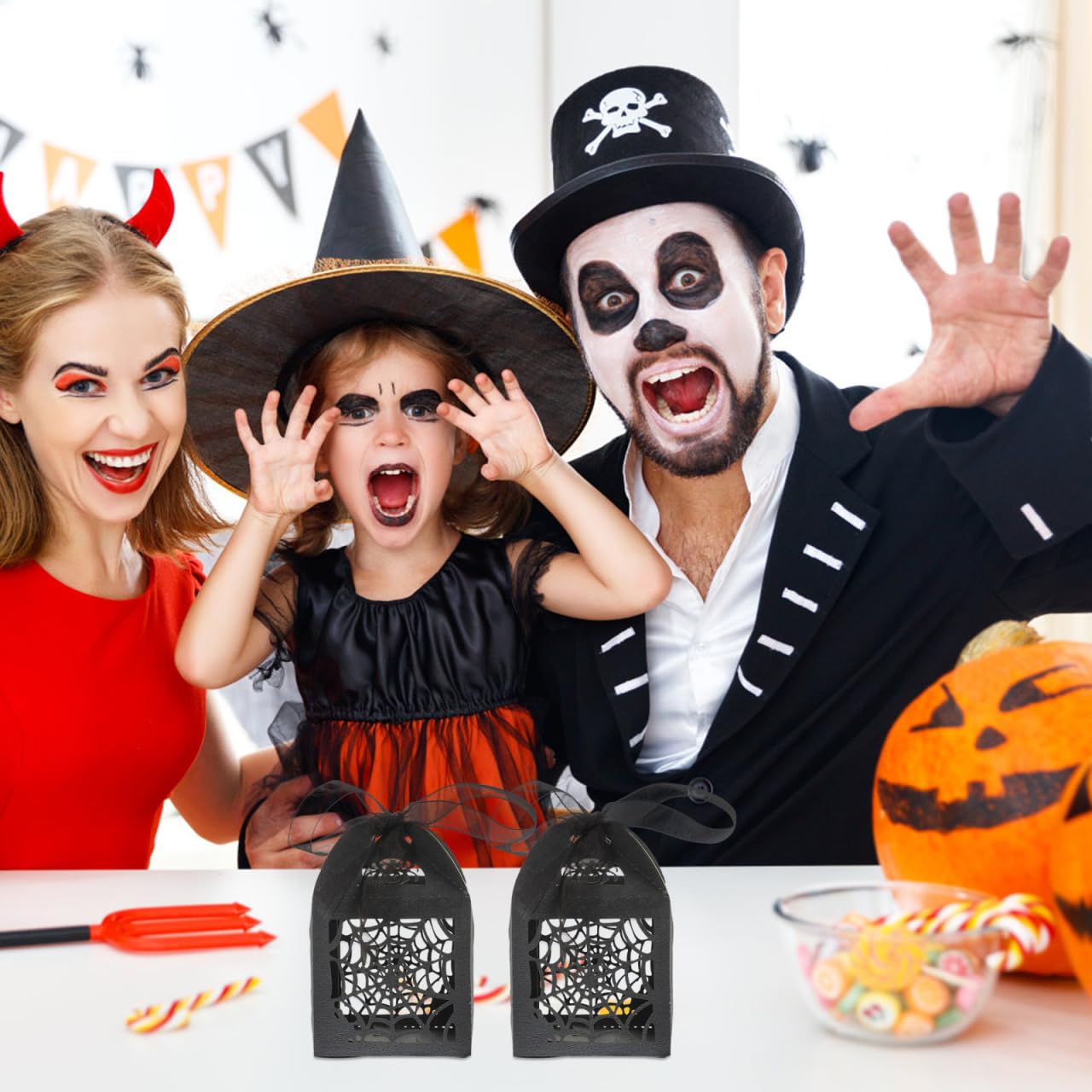 BESTOYARD 50Pcs Halloween Hollow Die-Cut Favor Boxes - Wedding Candy Boxes with Ribbons for Party Candy Packaging, 2X2 Inches