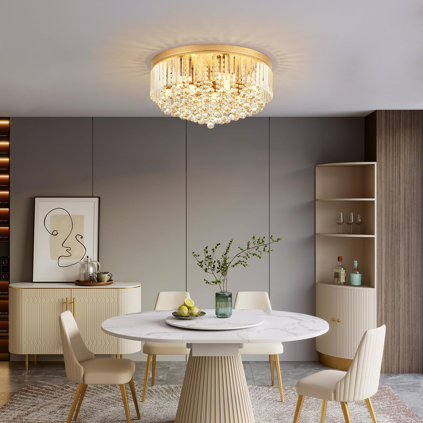 brfaixla 9-Light Gold Crystal Chandelier Contemporary 22'' Modern Semi Flush Mount Crystal Hanging Light Sparkling Decoration for Bedroom Entryway Living Dining Room Kitchen Island Hallway