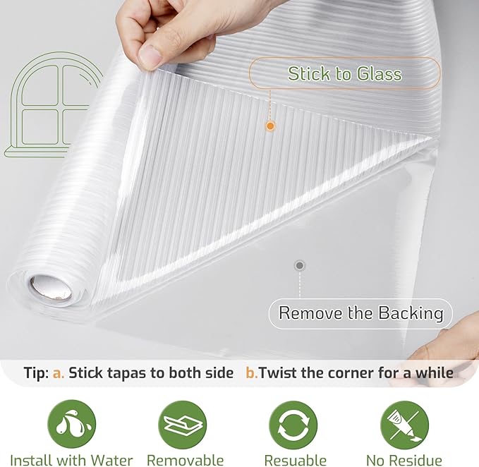 LUTE Reeded Glass Window Privacy Film, Frosted Glass Film, Removable 3D Decorative Decals Sun Blocking Anti UV Door Window Cover, No Glue Static Cling Vinyl for Bathroom Home Office, 35.4" x 78.7"