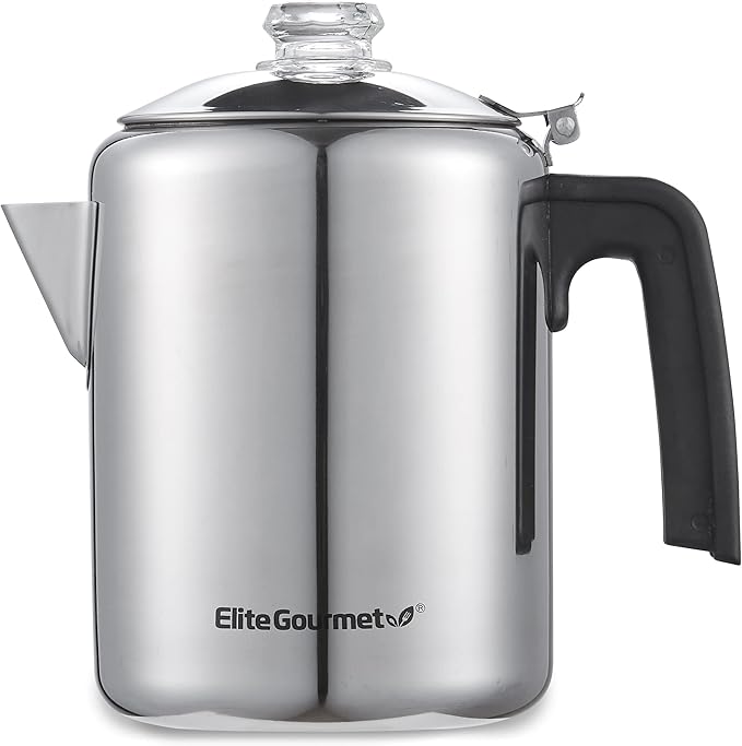 Elite Gourmet EC008 Classic Stovetop Coffee Percolator, Glass Clear Brew Progress Knob, Cool-Touch Handle, Cordless Serve,...