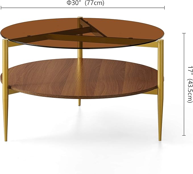 Pine Flicker Round Coffee Table, Mid-Century Modern Design, D30*H17 inch, for Living Room, 2-Tier Structure, Amber Glass Top and Walnut Wood Shelf, Sleek Conical Metal Legs with Gold Finish