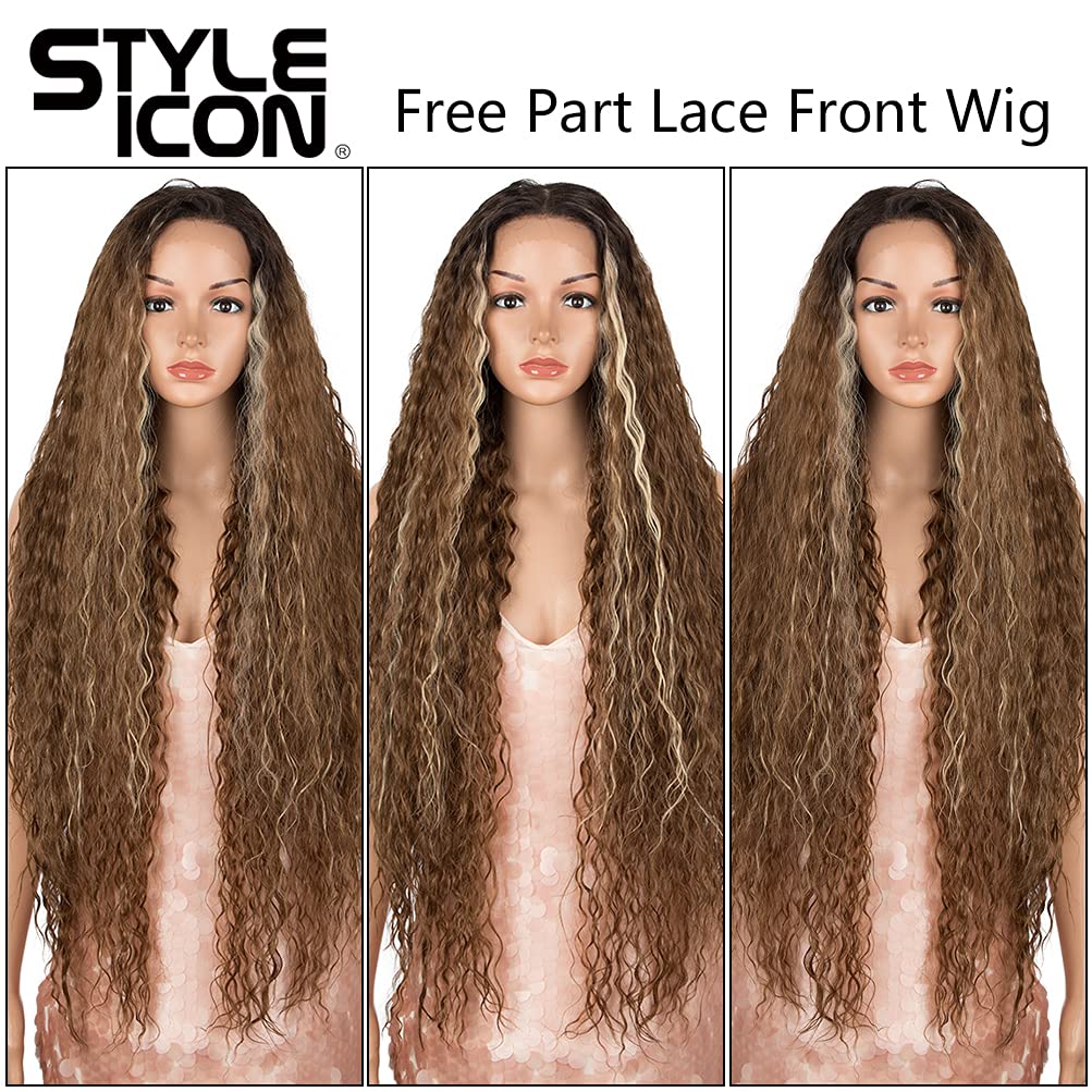 Style Icon 36 Easy-360 Lace Wigs 13x6 Free Part Lace Frontal Wigs Super Highlight Blonde Wig Long Curly Synthetic Wig (36 Inches