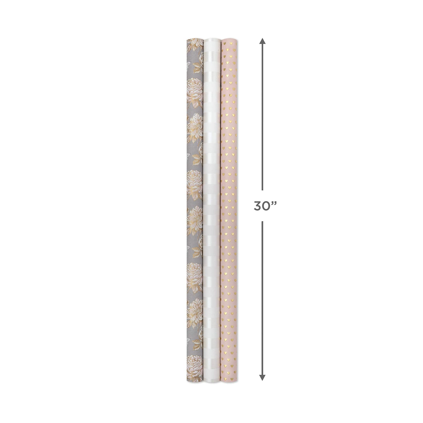Hallmark Wedding Wrapping Paper Rolls - Gold Hearts, Rose Flowers, White Stripes Gift Wrap Paper (Set of 3 Rolls: 85 sq. ft. ttl) for Bridal Showers, Birthdays, Weddings, Mother's Day, Valentine's Day