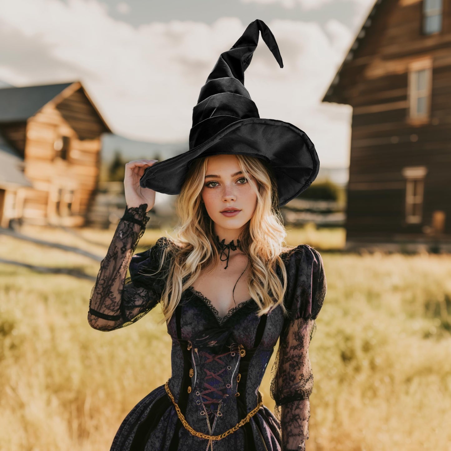 Ibeauti Women Halloween Witch Hat Long Ruched Black Witch Costume Hat Accessory (Black)
