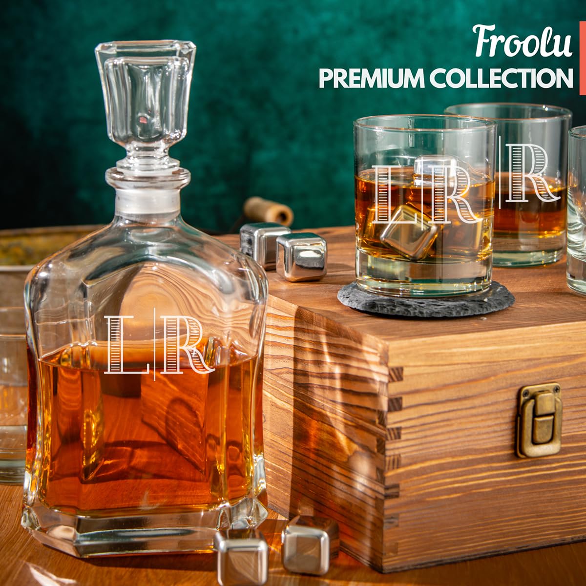 Personalized Whiskey Decanter Set for Men - 9 Design Options - Engraved Liquor Decanter Sets with Scotch Glasses - Gift Set for Him, Dad - Premium Set Includes Whiskey Stones - by Froolu Monogram
