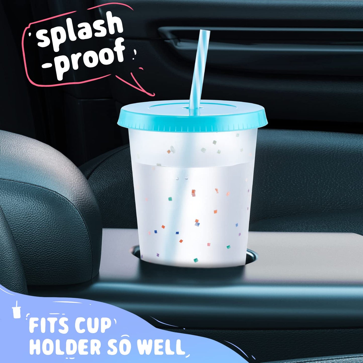 Meoky Confetti Color Changing Cups with Lids and Straws for Iced Coffee, Party, Pool - 6 Pack 24oz Reusable Plastic Tumblers for Kids and Adults