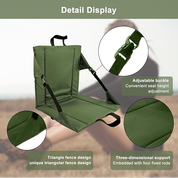 LynsaTac Folding Stadium Seat Cushion with Backrest, Portable Bleacher Pad for Camping, Fishing,15.8'' x 16.5'',Lightweight Chair with Backrest for Outdoor Sports and Concerts (Olive)