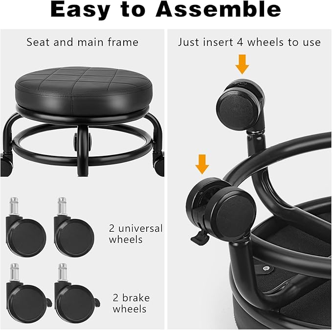 LWADALN Low Roller Stool Low Height Rolling Stool Seat PU Leather Small Chair Foot Stool Round Rolling Stools for Home Office Garage Shop (Black)