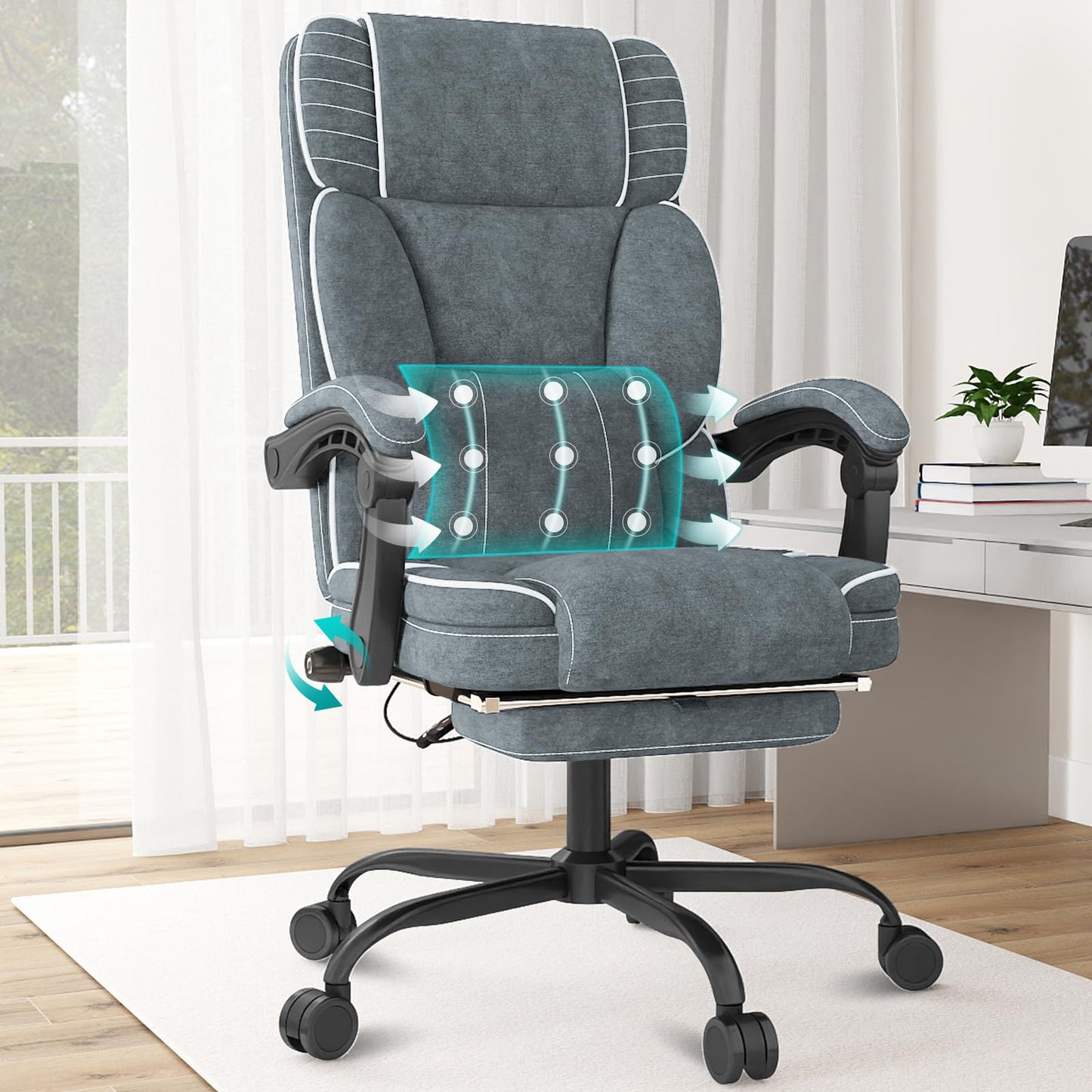 Executive Office Chair with Footrest, Ergonomic Reclining Computer Desk Chair with Adjustable Lumbar Support, 360° Swivel, Breathable Fabric, 400lbs Capacity for Home & Office
