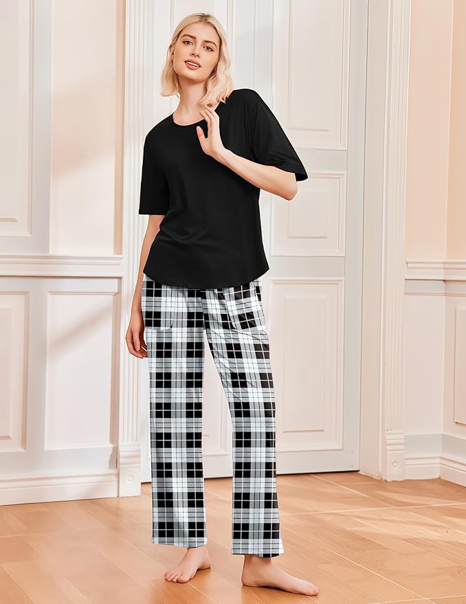 Ekouaer 2 Pack Womens Pajama Sets Short Sleeve Tops and Long Pants Casual Comfy Pjs Lounge Set with Pockets,S-XXL