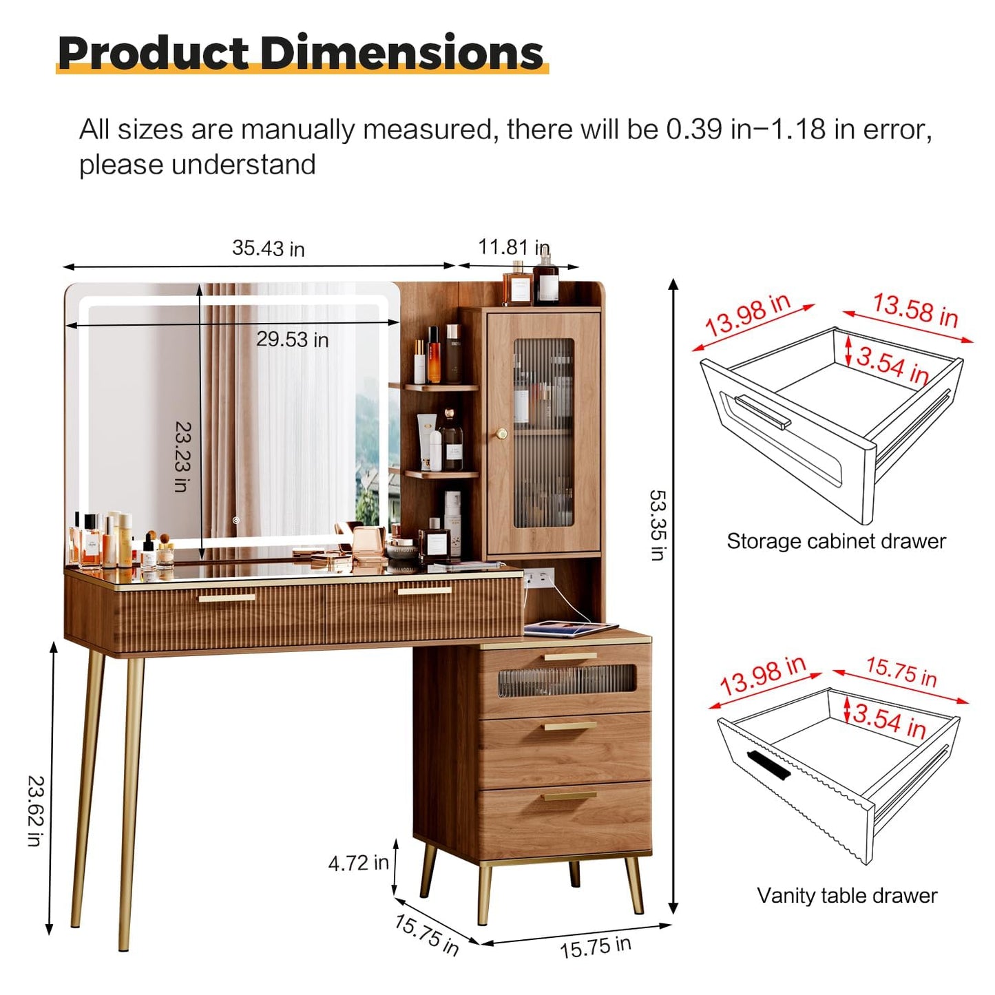 Arulvmrn Vanity Desk with 29.53" HD Lighted Mirror, 47.24" Big Modern Vanity Desk with Mirror and Lights, Makeup Vanity with 5 Drawers and Storage Shelves and Charging Station,Brown1