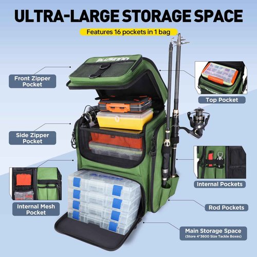 PLUSINNO Fishing Backpack with Rod Holders 4 Tackle Boxes, 42L Large Water-Resistant Fishing Tackle Bag Store Fishing Gear for Fishing, Camping, Hiking, Fishing Gifts for Men Father, Green