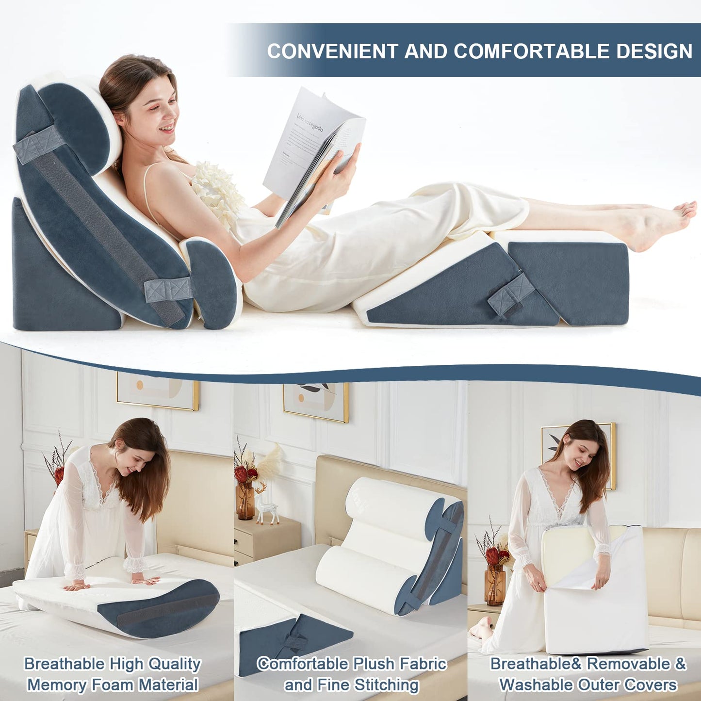 Lazyzizi 6pcs Orthopedic Bed Wedge Pillow Set, Memory Foam Wedge Pillow for Sleeping, Knee, Lumbar and Back Pain Relief Adjustable Bed Pillow - Acid Reflux, Anti Snoring & GERD Sleeping, Grey