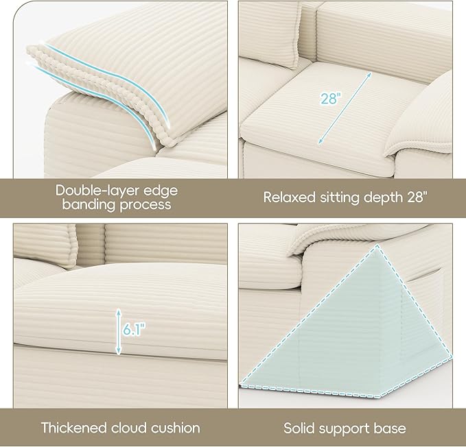 Buytime 104" Comfy Cloud Couch, Convertible Boneless Couches for Living Room, L Shaped Modular Sectional Sofa with Deep Seat, Double-Layer Cloud Cushion and Headrest, Cream Beige