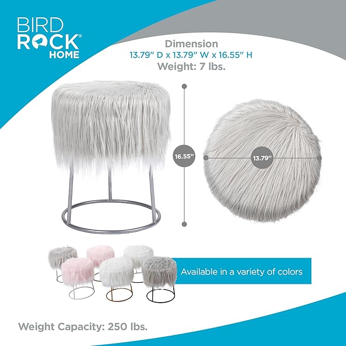 BIRDROCK HOME Round Faux Fur Foot Stool - Small Padded Ottoman with Soft Cushion for Living Room, Bedroom, or MakeUp Room - Modern Upholstered Accent Chair, Vanity Seat, Footrest for Couch/Sofa - Grey