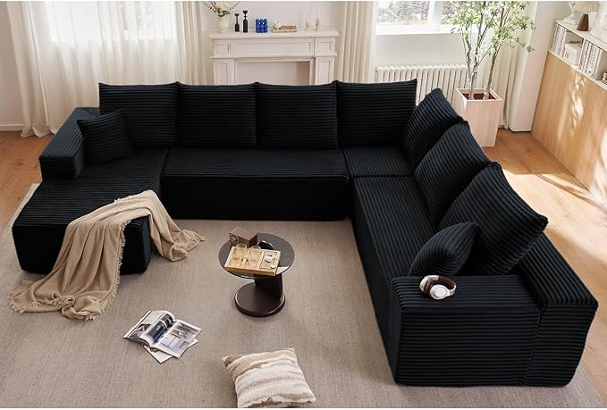 137" Cloud Sectional Couch with L-Shape Chaise, Modern Corduroy Boneless Couch for Living Room,Memory Foam Sofa with Deep Seat,No Assembly Required (Black,Left-Facing Chaise)