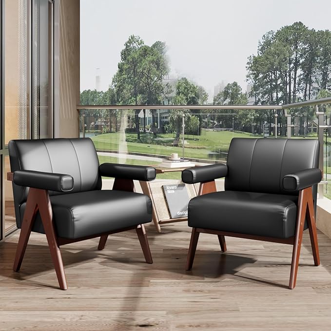 STHOUYN Black Leather Accent Chairs Set of 2, Mid Century Modern Accent Chair, Side Arm Chairs for Living Room, Office Guest Waiting Room Chairs (2, Black)
