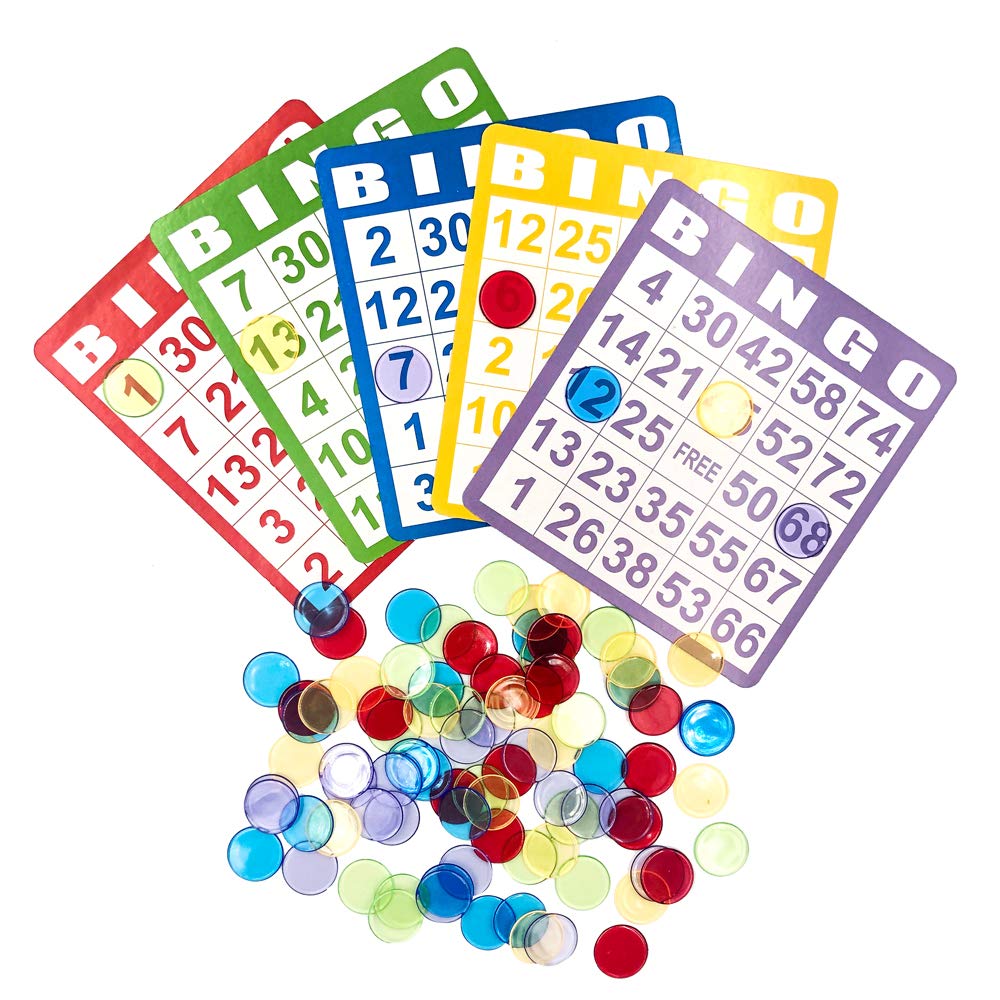 Yuanhe Bingo Cards Game Set - Includes 50 Bingo Cards and 500 Colorful Transparent Bingo Chips, for Bingo Games and Card Games