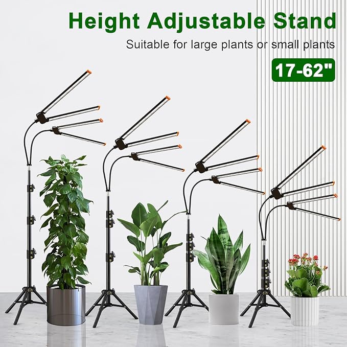 YEOLEH Floor Lamp Grow Light for Large Tall Plants Indoor, 6000K White Full Spectrum Plant Growing Light with Red Blue LED, Foldable Light Strip, Dimmable & Timer Function, Height 17-62‘’