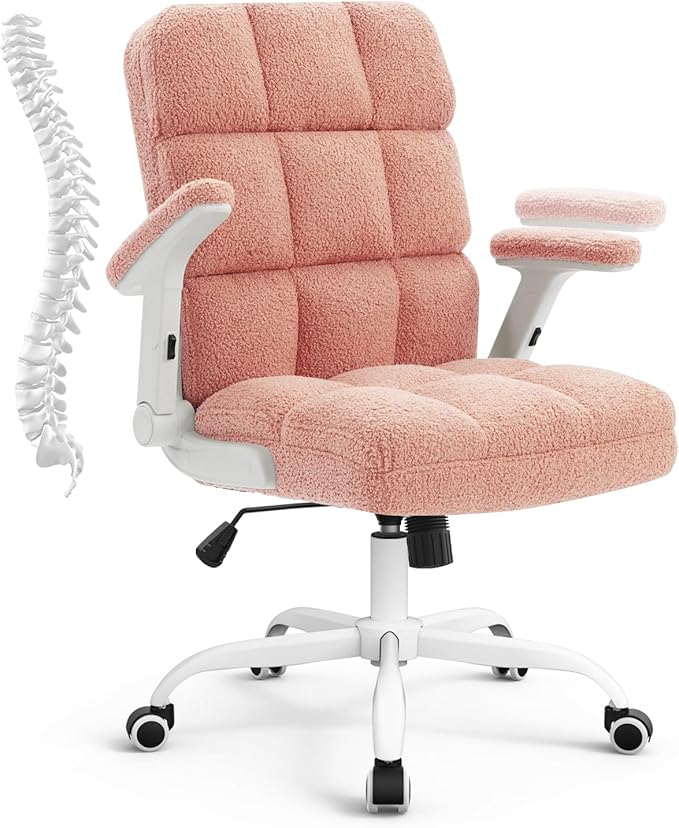 SEATZONE Pink Office Chair Ergonomic Computer Desk Chair with Wheels,Faux Fur Comfy Office Chair for Women and Girls,Teddy Fleece Material