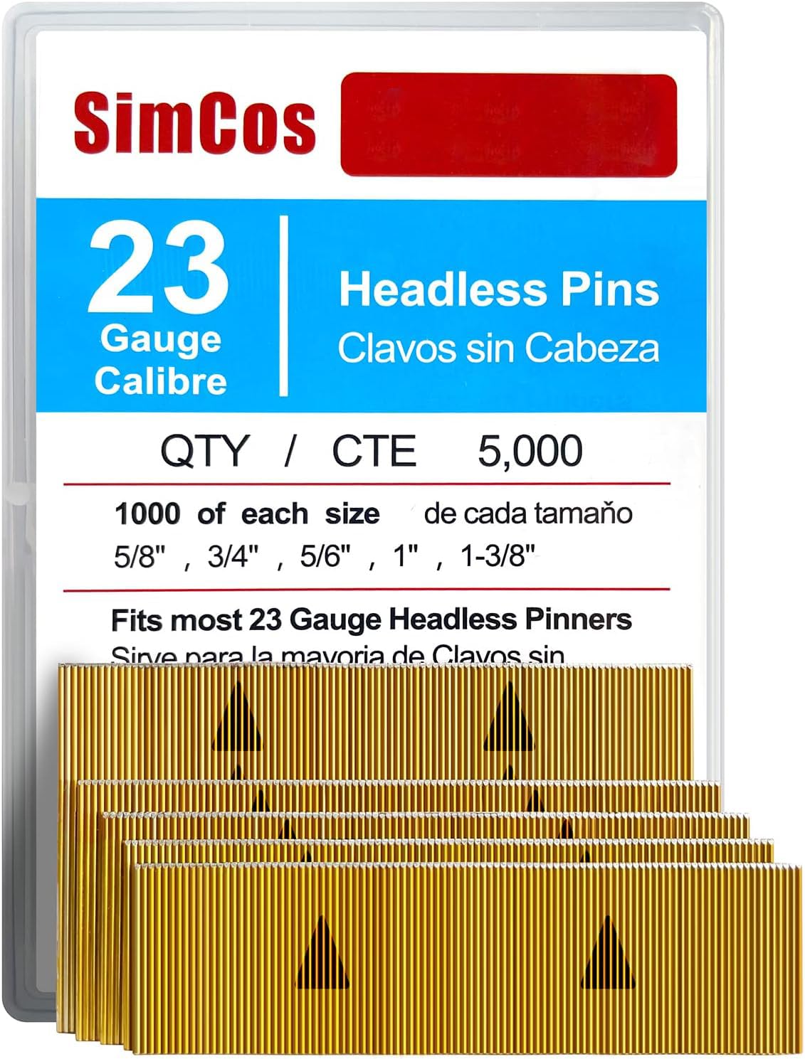 SimCos 23 Gauge Pinner Nails (5/8",3/4",5/6",1",1-3/8") Assorted 5 Sizes' Headless Pin Nails for 23 GA Pneumatic or Electric Pinner or pin Gun,Project Pack (5/8"+3/4"+5/6"+1"+1-3/8" -5000 pcs)