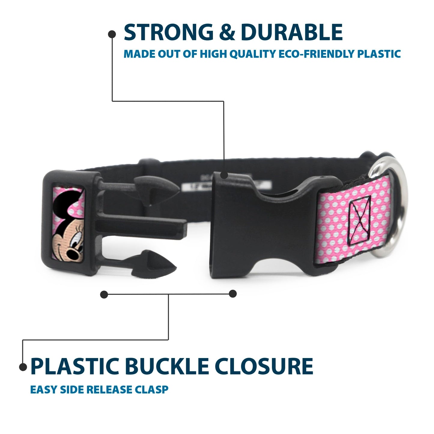 Buckle-Down Plastic Clip Collar - Minnie Mouse Expressions Polka Dot Pink/White - 1.5" Wide - Fits 16-23" Neck - Medium
