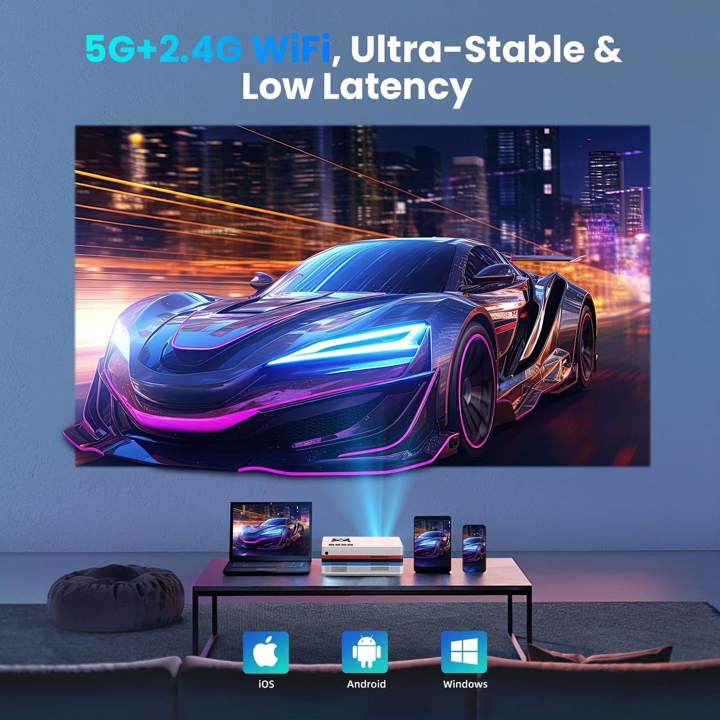 [Compatible with Netflix, 2000 ANSI] Smart Projector with WiFi 6 and Bluetooth 5.3, Electric Focus Auto Keystone, Native 1080P Outdoor Movie Projector with PrimeVideo/YouTube, for HDMI/USB/iOS/Android