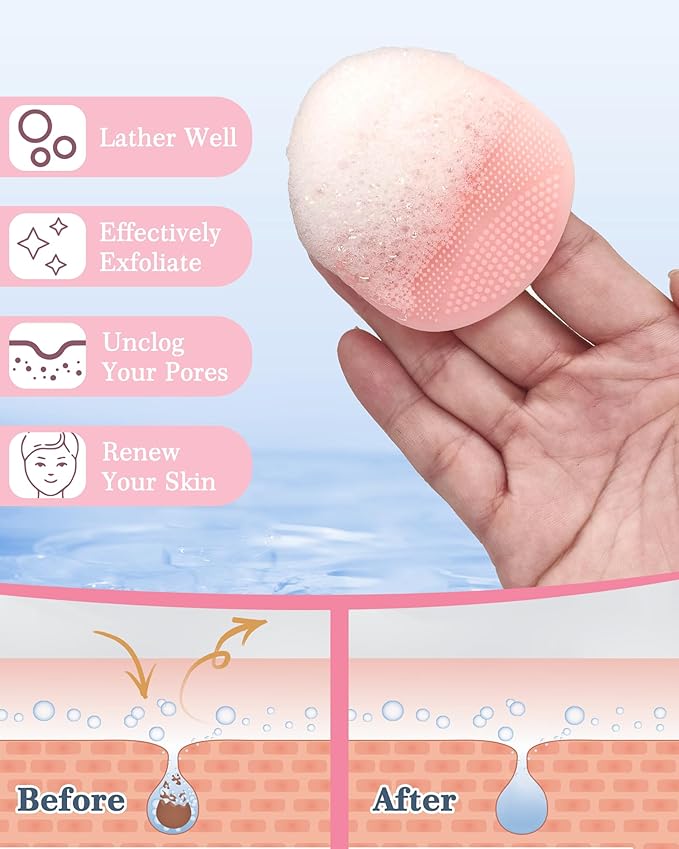 Manmihealth Silicone Back Scrubber & Soft Bath Glove Set 4 PCS(Thick Bristles), Super-Exfoliating Body Scrubber & Super-Lathering Shower Brush Combination, with 2 Free Hooks (Pink)