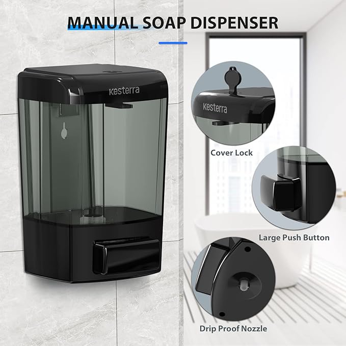 Manual Soap Dispenser, 23.7oz/700ml Wall Mount Soap Dispenser, Large Capacity Kitchen Bathroom Hand Soap Pump, Commercial Refillable Shampoo Shower Gel Lotion Dispenser, Black