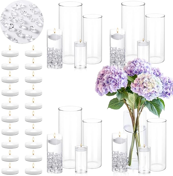 FFUW 20 PCS White Floating Candles and 16 PCS Glass Vases for Centerpieces with 400 Fake Ice Acrylic Rocks Vase Filler Flo...