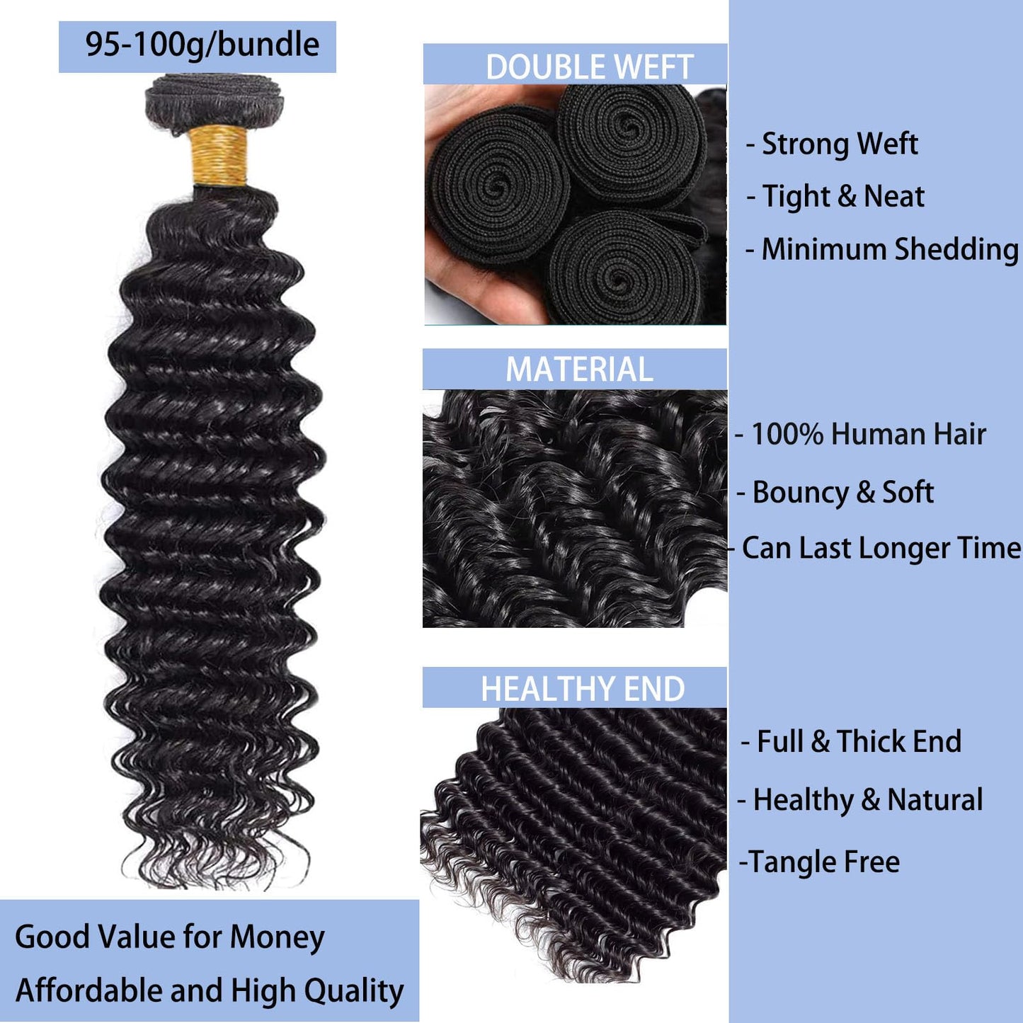 Deep Wave Human Hair Bundles 12A Deep Curly Wave 4 Bundles 100% Unprocessed Brazilian Virgin Human Hair Natural Black Color Wet