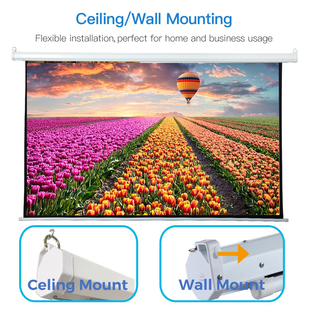 ZUEDA100 Inch Motorized Projector Screen with Remote, 16:9 HD Electric Movie Screen, Wrinkle-Free Matte White Wall/Ceiling Mounted Projection Screen for 4K Home Theater, Office & School (White)