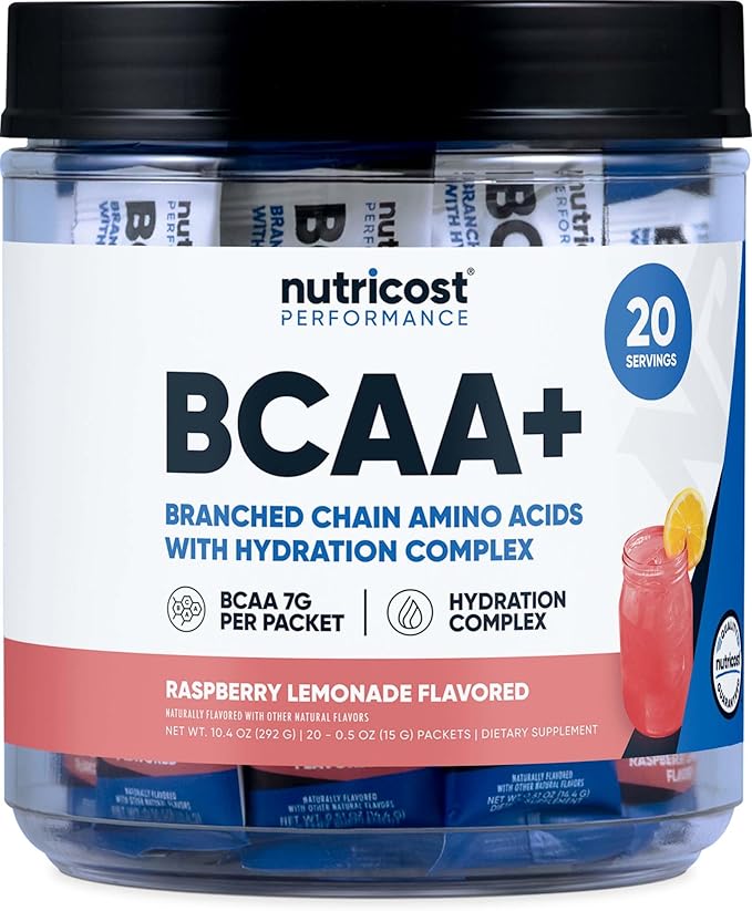Nutricost BCAA+ Hydration Raspberry Lemonade (20 Stickpacks) - Branched Chain Amino Acids with Hydration Complex - Gluten-...