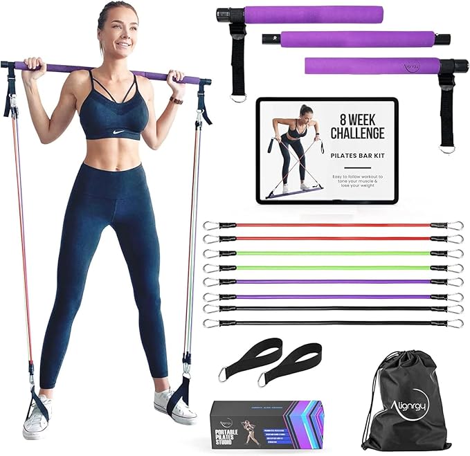 Portable Pilates Bar Kit with Resistance Bands (20, 30, 40, 50 LB) - 8 Week Video Program - Premium Quality Home Equipment...