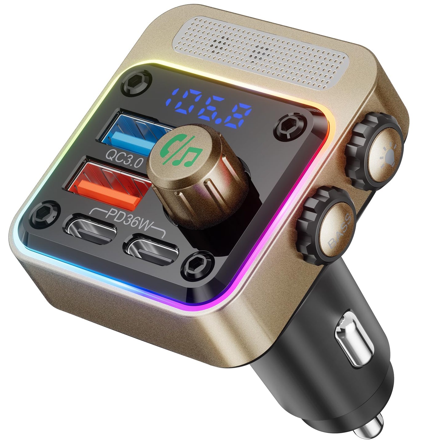 Nulaxy 54W Bluetooth 5.3 Car Adapter with 4 Charging Ports [PD 36W & QC3.0 18W], Wireless Radio FM Transmitter with Deep Bass Player & 5 Colors LED Backlit, Hands-Free Calling, Black