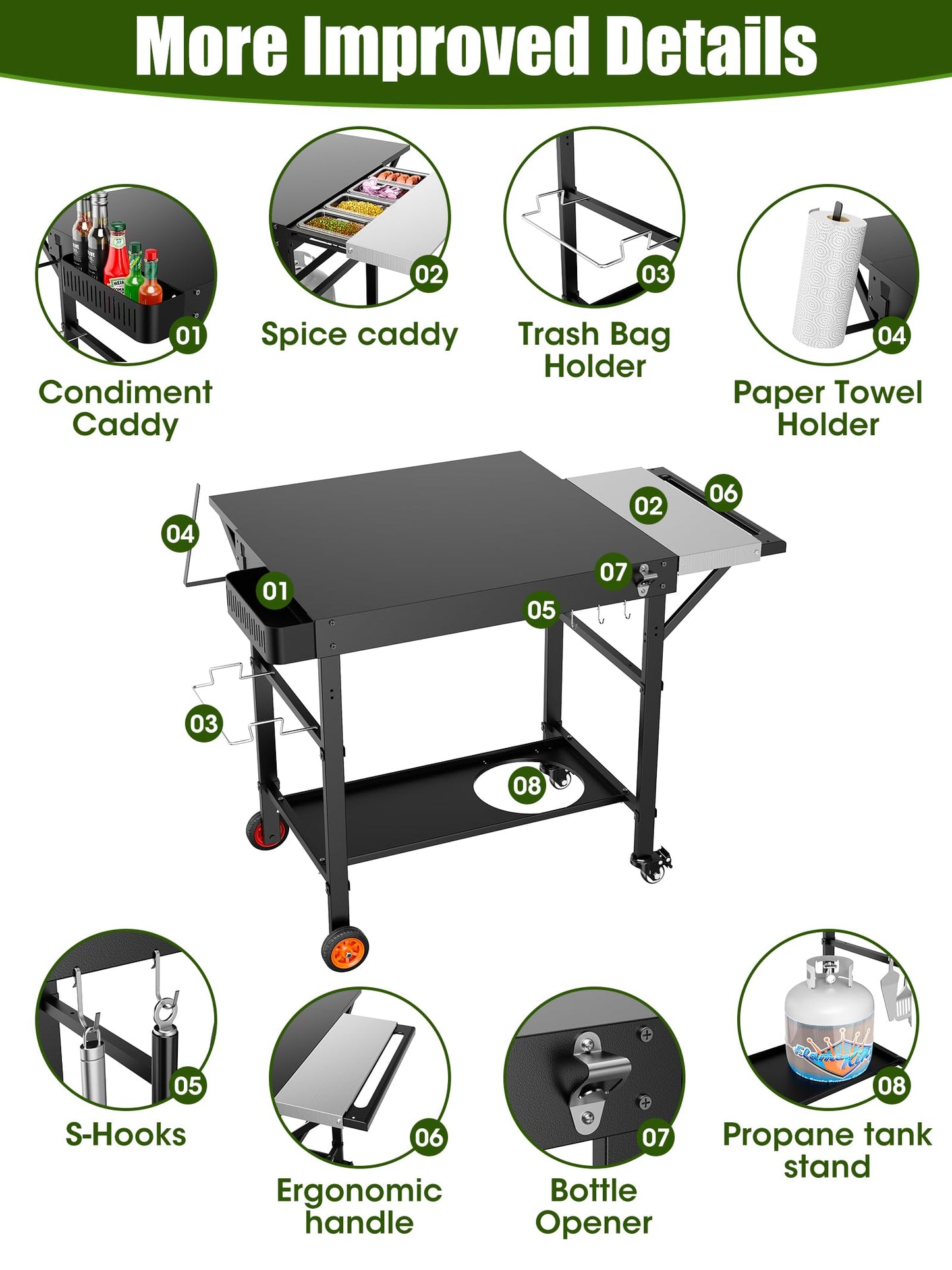 Outdoor Pizza Oven Table, Movable Grill Side Table, Expansive Countertop Pizzas Oven Accessories, Pizzas Stands for Party with Wheels, Fits Ooni Blackstone Ninja Cuisinart Gozney
