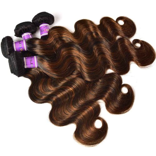 UNice Ombre Brown Highlight Body Wave Human Hair Weave 1 bundle 20 inch, Brazilian Remy Hair Dark Root Blonde Human Hair Weaves Extension Piano Color TFB30