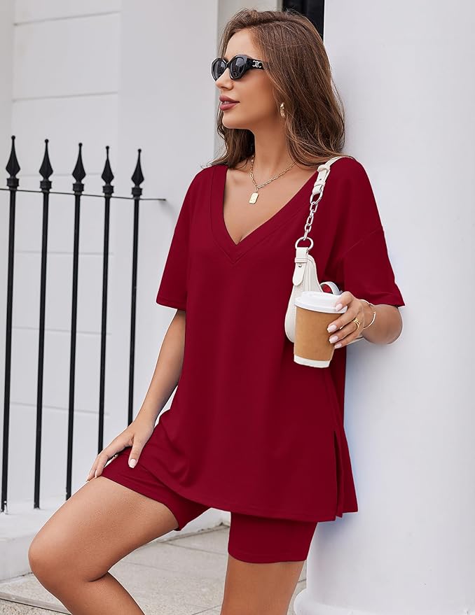 Ekouaer Womens Pajamas 2 Piece Lounge Sets Oversized V Neck T-Shirts Tops Biker Shorts Set Workout Reversible Tracksuit S-XXL