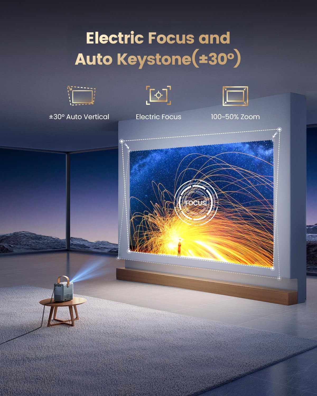 4K Portable Smart Projector with WiFi and Bluetooth [Compatible with Netflix & Dolby Audio], Mini Outdoor Movie Projector with Native 1080P, Auto Keystone & Electric Focus for Home Theater, Bedroom