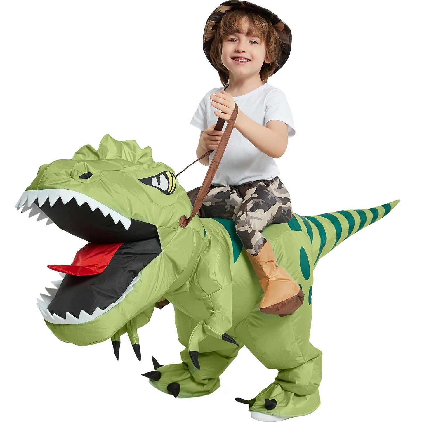 One Casa Inflatable Dinosaur Costume Riding T Rex Air Blow up Funny Fancy Dress Party Halloween Costume for Kids 4-6 Yrs