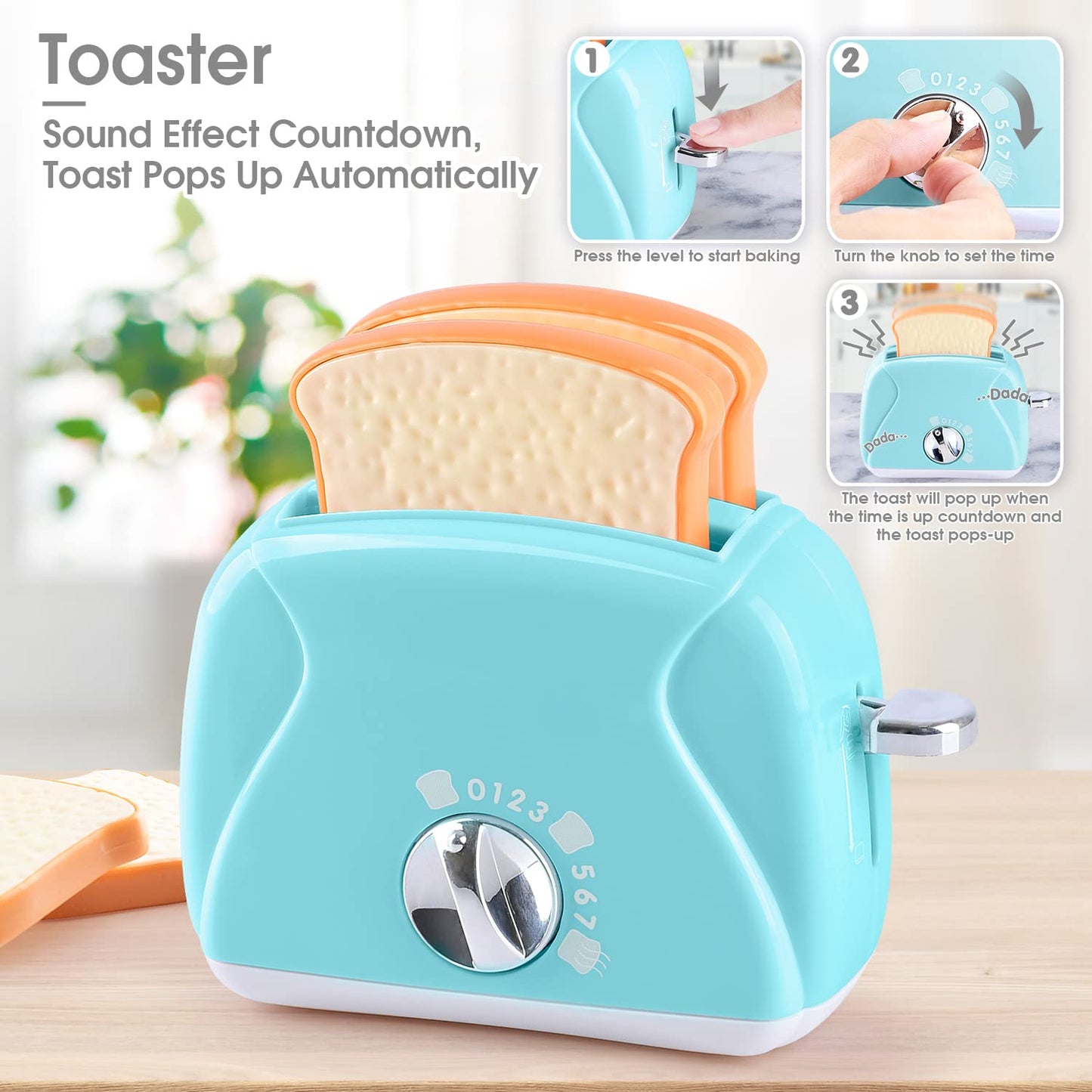 Kitchen Appliances Toys, Kids Play Kitchen Accessories Set, Pretend Kitchen Toys for Kids Ages 4-8, Coffee Maker, Mixer, Toaster with Realistic Lights & Sounds, Gift for Girls Ages 3+