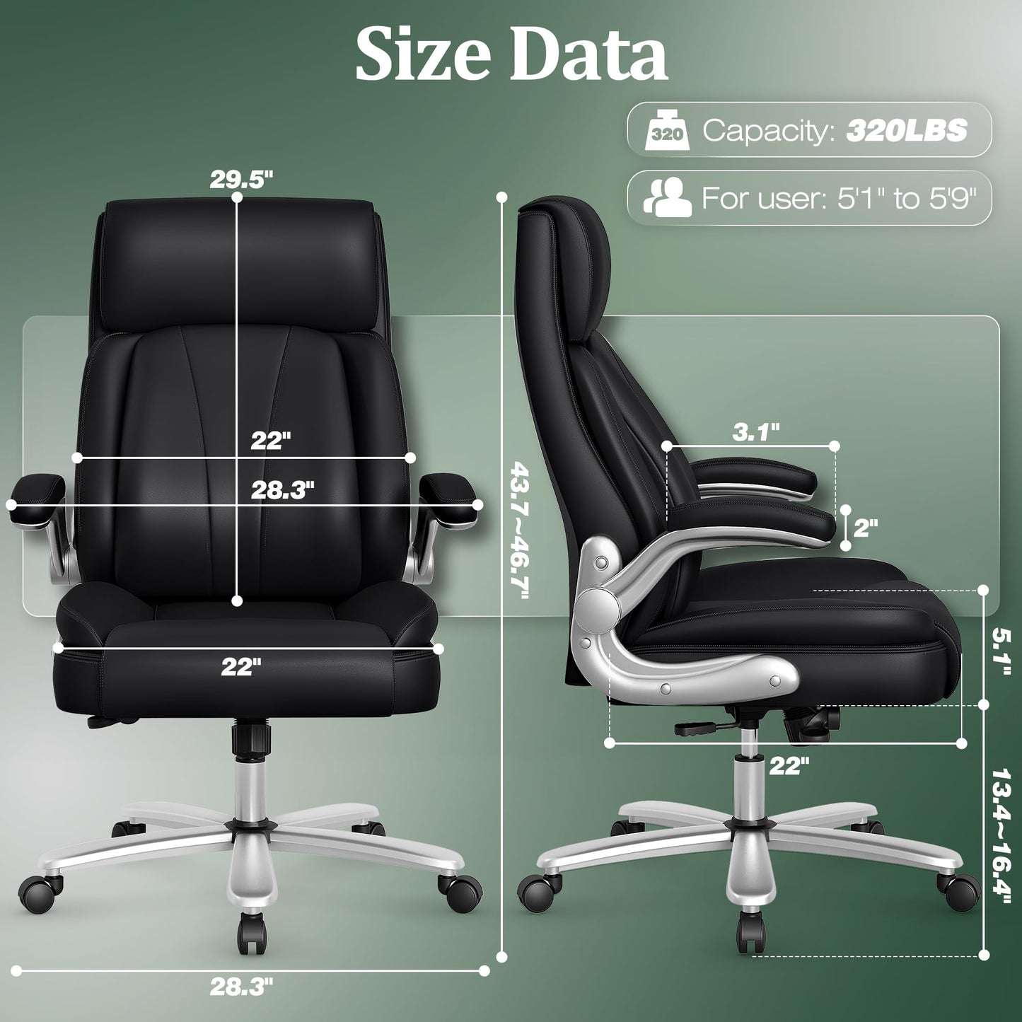 NexHut Executive Office Chair, Ergonomic Desk Chair, 500lbs Heavy Duty Comfy Computer Chair with Adjustable Lumbar Support, Flip-up Arms, Wide Thick Seat, High Back Office Chair for Back Pain