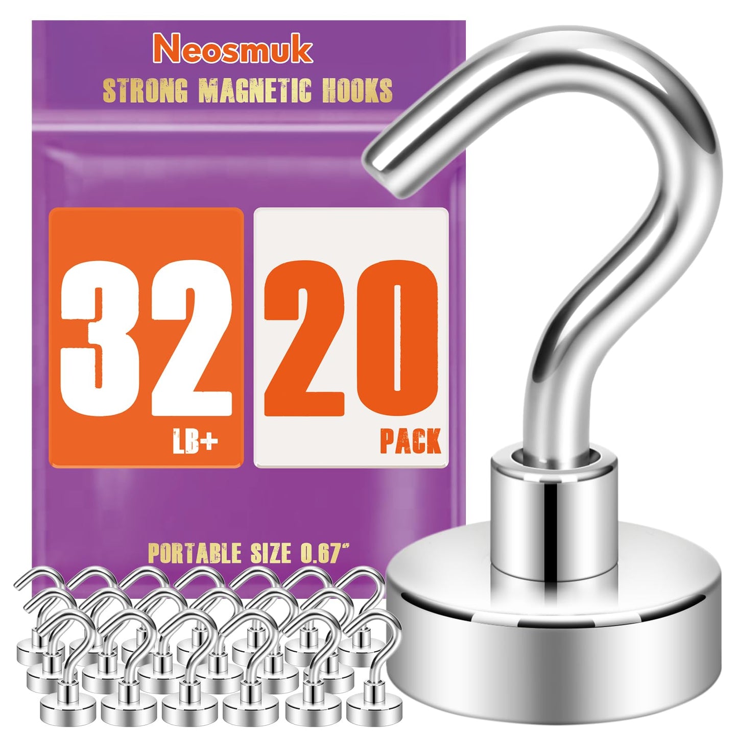 Neosmuk Magnetic Hooks, Cruise Ship Essentials, 32lb+ Heavy Duty Magnetic Hooks for Cruise Cabins, Refrigerator, Grill, Hanging, and Travel | Extra Strong Must-Haves Magnet Hook,Silver Pack of 20