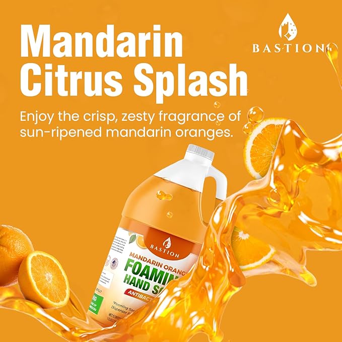 Bastion Foaming Antibacterial Hand Soap: Mandarin Orange Scented Instant Foam Hand Wash Refill 1 Gallon (128 oz) Bulk Jug. Made In The USA